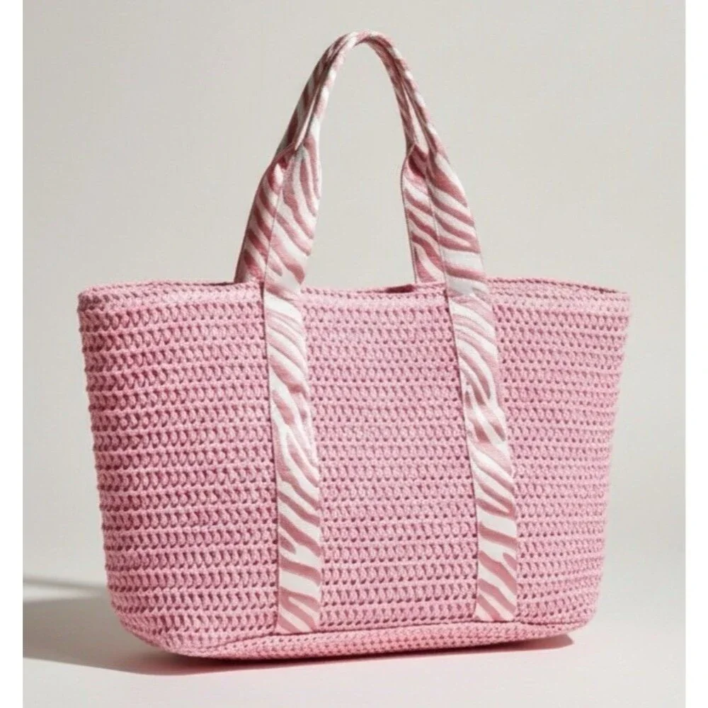 Vintage‎ Havana Pink Crochet Wow Bag 3 Zebra Stripe Tote Beach Bag NWT